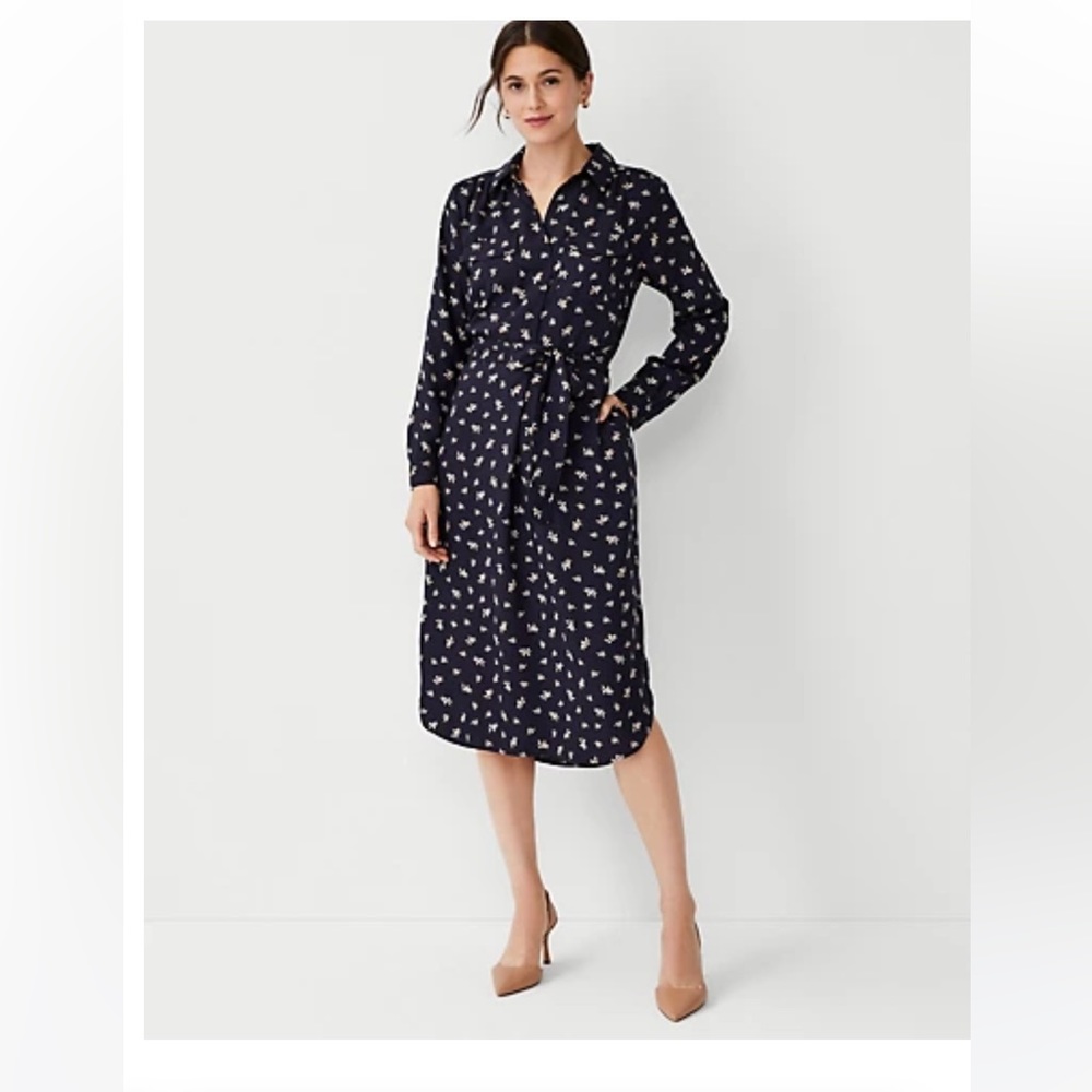 Ann Taylor petite floral belted midi shirtdress with pockets EUC